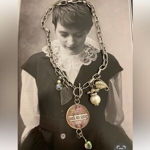 Artisan Upcycled Womens Silver Charm ROCK ON SISTER Necklace